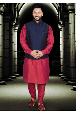 RED AND DARK BLUE COLOUR MENS KURTA JACKET SET